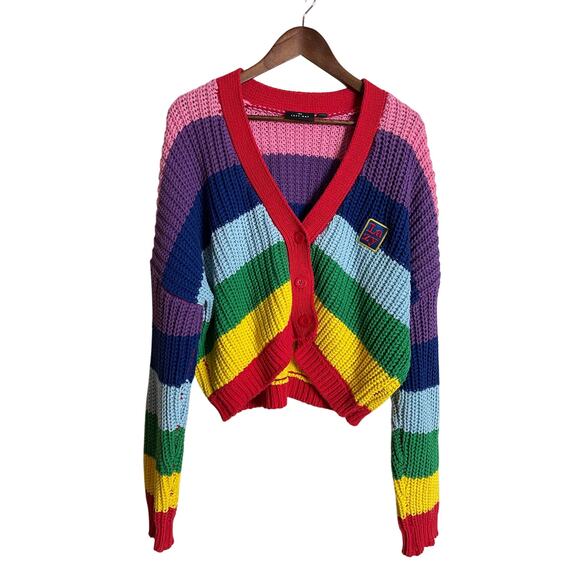 Lazy Oaf Rainbow Stripey Cardigan Logo Ribbed Relaxed Womans Medium - Picture 1 of 10